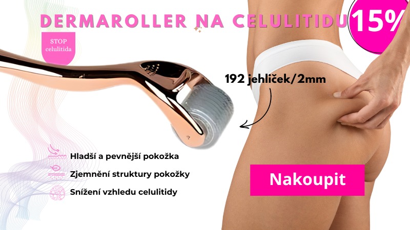 Žena používající dermaroller na celulitidu pro zvýšení produkce kolagenu a elastinu v pokožce.